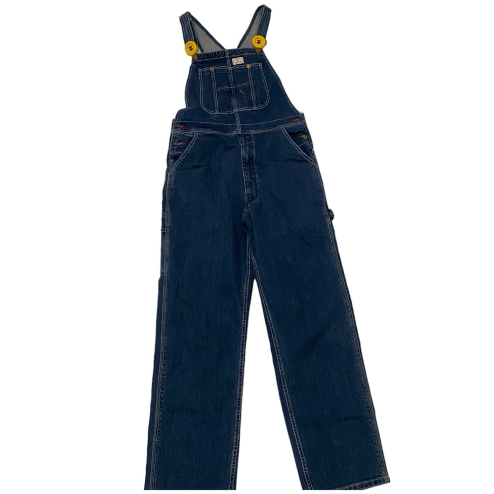 Women's Kiara Bib Overalls Size 32W / 30L Jean Denim Jumpsuit with Yellow Button